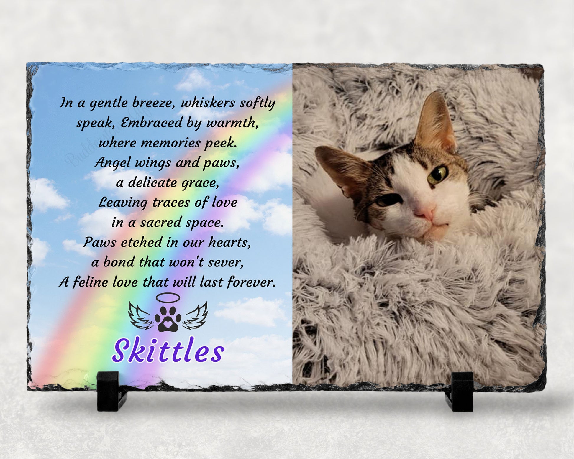 natural slate gift is not just a keepsake; it transforms any photo into a personalized remembrance of your beloved pet. Whether you're purchasing this loss of pet memorial for yourself or sending it as a thoughtful gift to someone mourning the loss of their pet, our 7 1/2" x 11" photo slate is a perfect tribute.