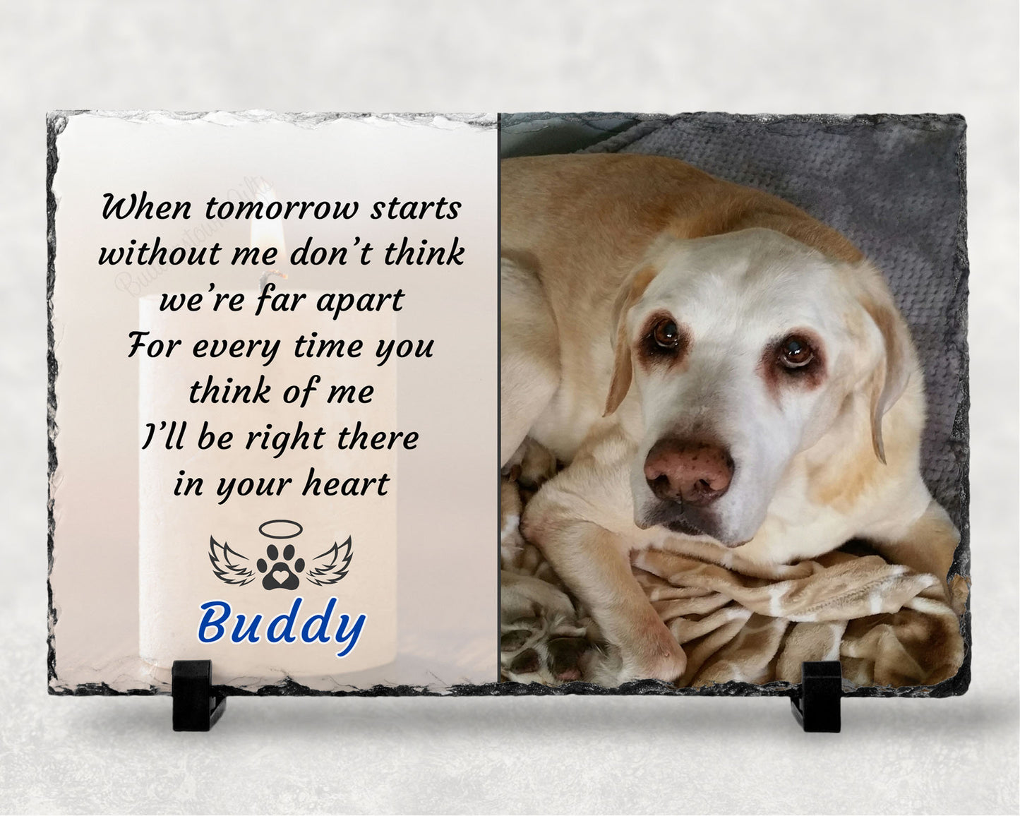 natural slate gift is not just a keepsake; it transforms any photo into a personalized remembrance of your beloved pet. Whether you're purchasing this loss of pet memorial for yourself or sending it as a thoughtful gift to someone mourning the loss of their pet, our 7 1/2" x 11" photo slate is a perfect tribute.