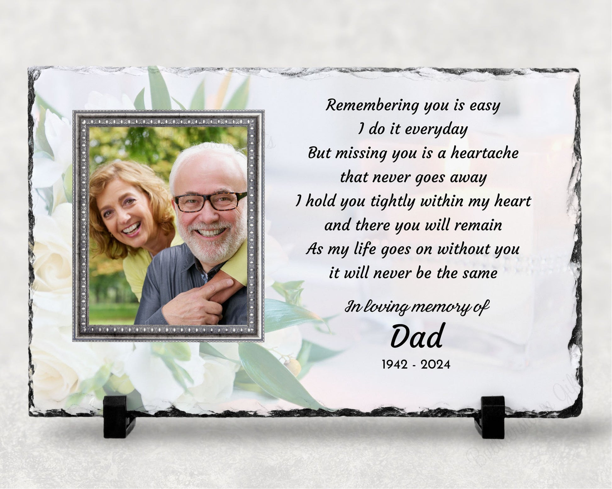 This Memorial Slate serves as a thoughtful gesture for your grieving loved one, expressing your heartfelt care during this difficult time. Alternatively, use it to honor and display the cherished memories of your late loved one. Measuring 7 1/2" x 11"