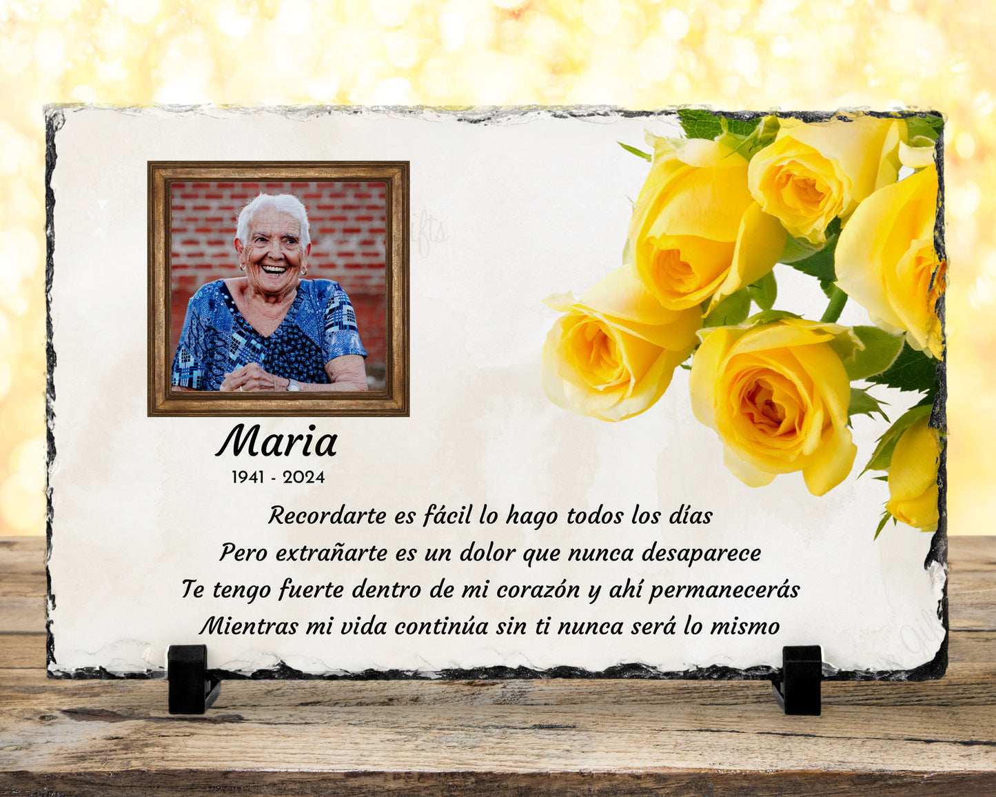 Spanish sympathy gift Photo Slate, printed with a beautiful poem. This Memorial Slate serves as a thoughtful gesture for your grieving loved one, expressing your heartfelt care during this difficult time. Alternatively, use it to honor and display the cherished memories of your late loved one. Measuring 7 1/2" x 11"