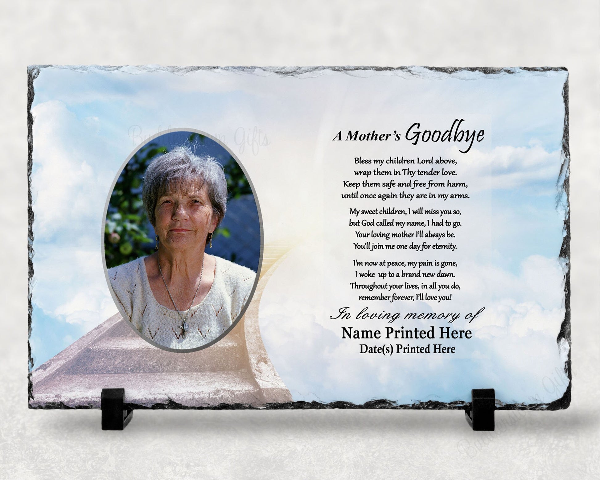 Mom Memorial, Loss of Mom Gift, Loss of Mother Sympathy Gift, Personalized

A Mothers Goodbye Poem
7x11 with printed photo