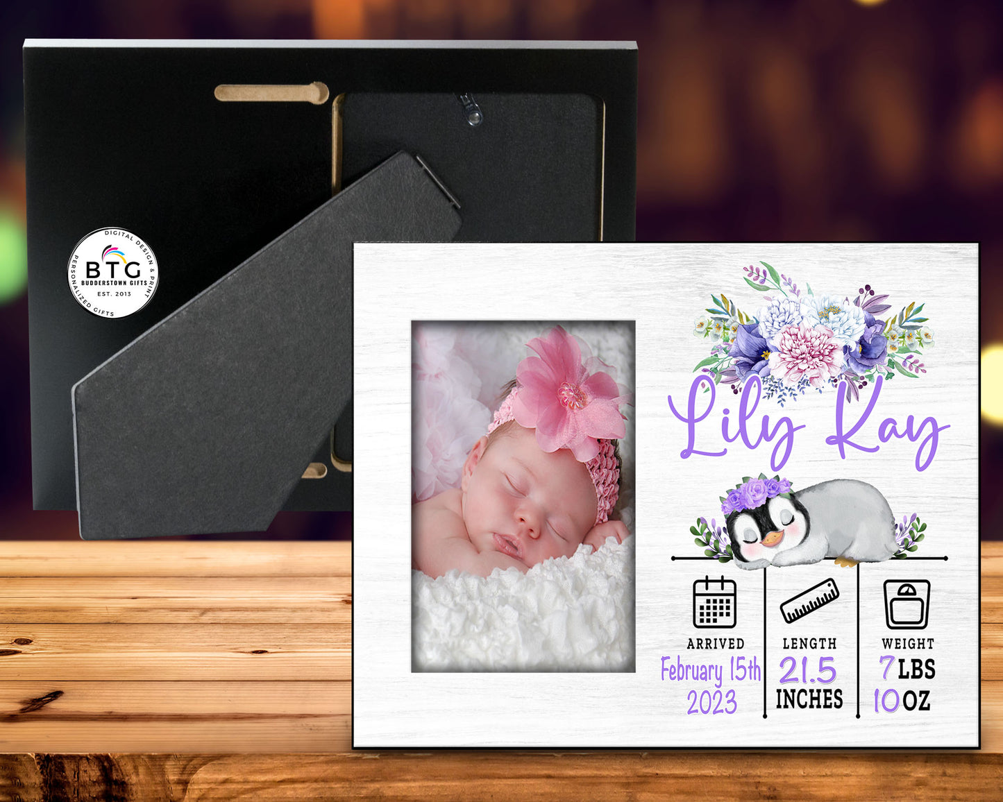 Personalized Birth Announcement Picture Frame with Stats - Purple