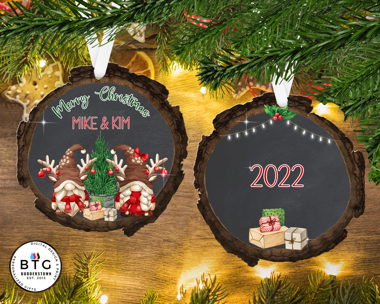 Reindeer Gnome Couple - Wood Slice - Personalized Ornament - Couples Ornament