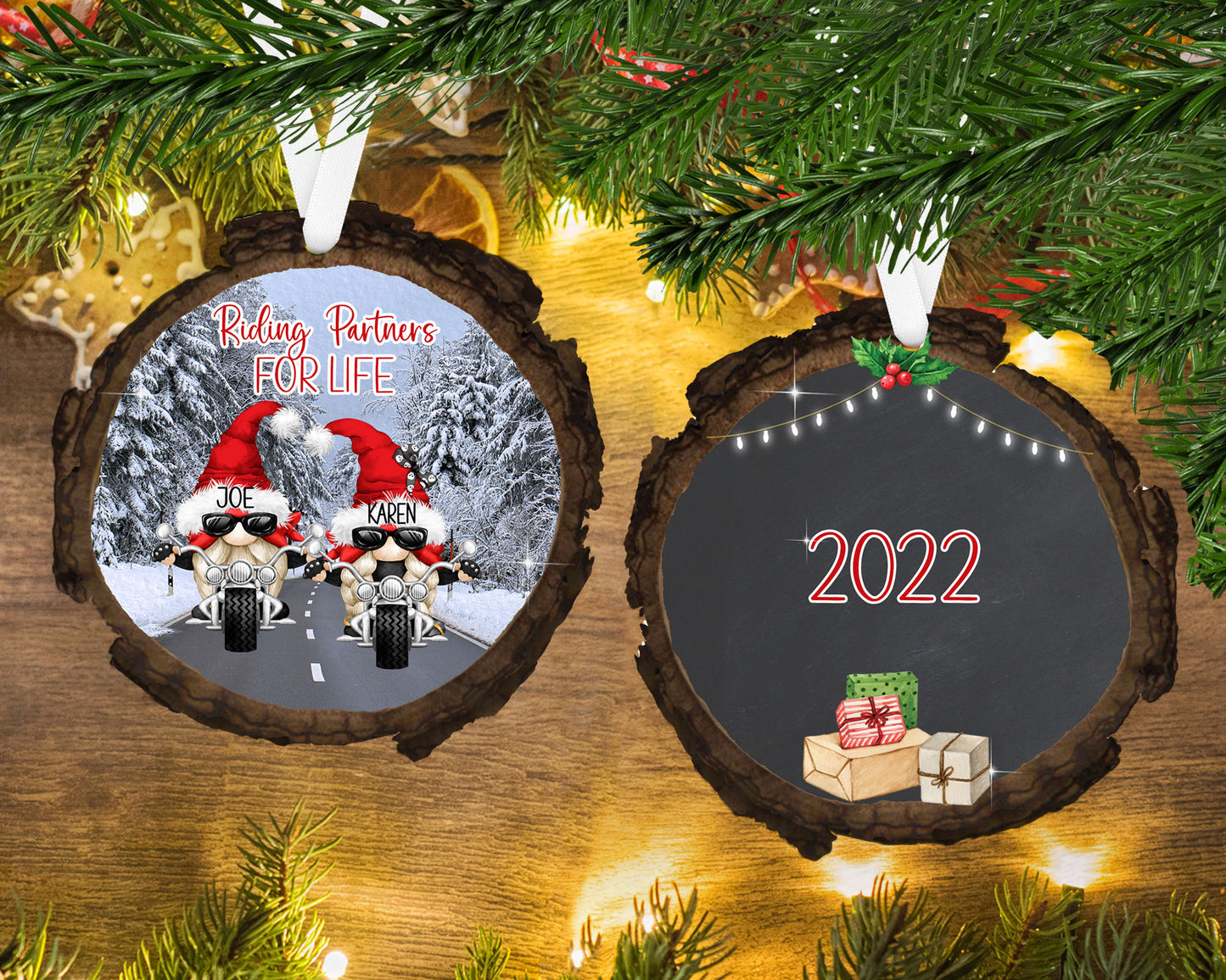 Biker Gnome Couple - Wood Slice - Personalized Ornament - Couples Ornament