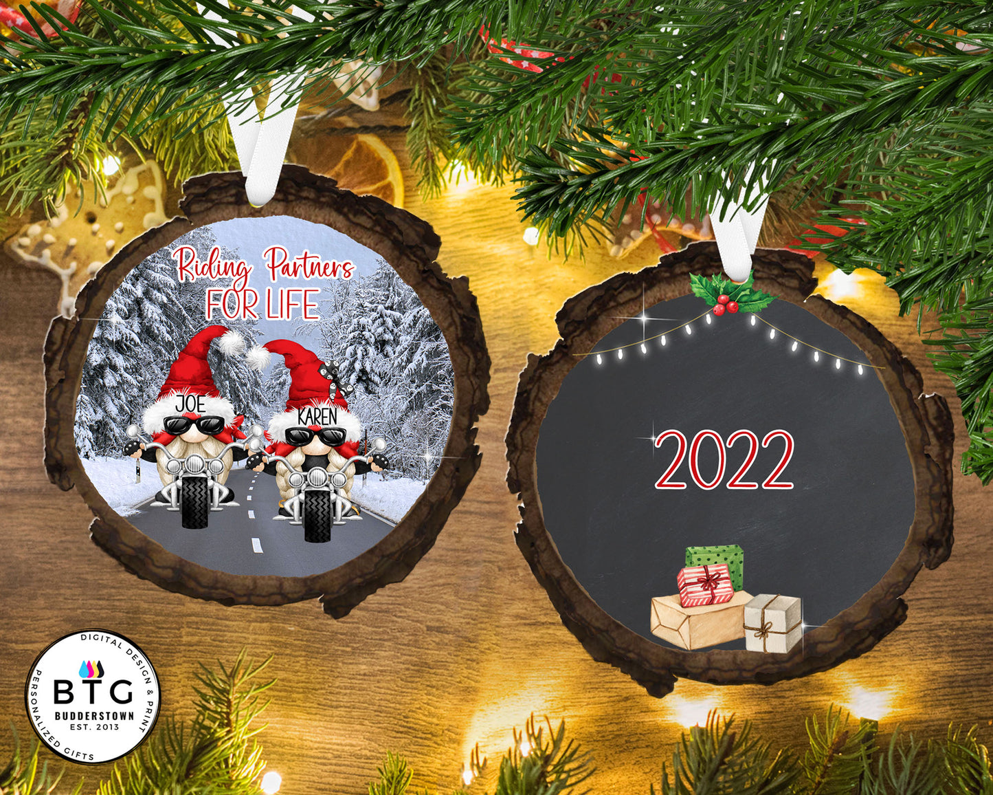 Biker Gnome Couple - Wood Slice - Personalized Ornament - Couples Ornament